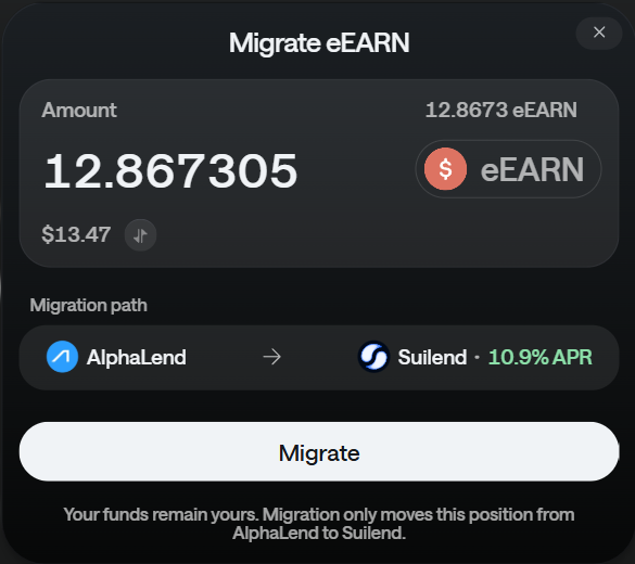 A mobile app interface for migrating 12.867305 eEARN tokens (worth $13.47) from AlphaLend to Suilend, which offers a 10.9% APR.