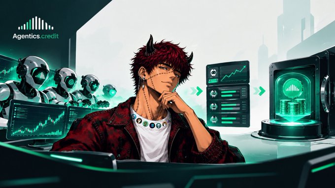 An anime-style promotional graphic for 'AgenticsCredit,' featuring a character with red hair and horns in a cyberpunk setting alongside green data charts and robotic figures.