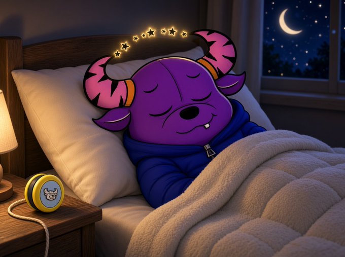 A digital illustration shows a purple horned cartoon character sleeping peacefully in bed under a blanket, with a night sky and crescent moon visible through the window.