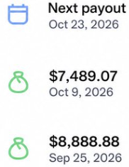 A payout schedule showing next payout on Oct 23, 2026, with previous payouts of $7,489.07 on Oct 9, 2026 and $8,888.88 on Sep 25, 2026.