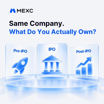 A MEXC-branded graphic features the headline "Same Company. What Do You Actually Own?" above three blue-tinted panels labeled "Pre-IPO," "IPO," and "Post-IPO," each depicting a rocket, a bank-style building, and a rising bar chart, respectively. The visuals tie into the post's theme of distinguishing between Pre-IPO, IPO, and Post-IPO ownership to help traders understand what they actually hold under the same ticker.