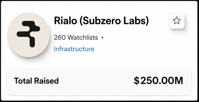 A profile card for Rialo (Subzero Labs) showing 260 Watchlists, tagged as Infrastructure, with a Total Raised of $250.00M.
