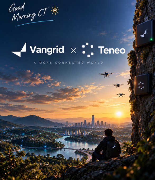 A promotional graphic titled 'Good Morning CT' featuring the Vangrid × Teneo partnership ('A MORE CONNECTED WORLD'), showing a scenic sunset cityscape with drones and a person overlooking the view.