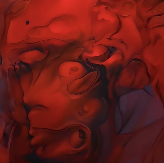 An abstract, 3D-rendered image featuring undulating red and orange fluid-like shapes with deep shadows.