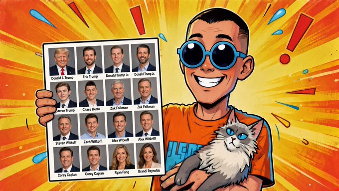 A cartoon-style image shows a man wearing round blue sunglasses and an orange t-shirt, smiling while holding a grid of duplicated politician photos (including Donald Trump, Eric Trump, Jared Kushner, Chase Herro, Zak Folkman, Steven Witkoff, Zach Witkoff, Alex Witkoff, Corey Caplan, Ryan Fang, and Brandi Reynolds) and a fluffy gray cat. The names appear repeated across the grid alongside exclamation marks on a vibrant orange-yellow starburst background. The image humorously promotes the speaker's message about stablecoins and USD1's recent activities, with the exaggerated "big shots" lineup visually emphasizing the "big stuff" still ahead for Hong Kong's progress mentioned in the post.