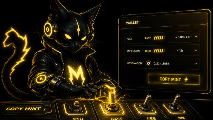The image shows a cyberpunk-style black cat character with glowing yellow lightning accents and a lightning bolt on its chest, wearing headphones and reaching toward a control panel. Beside the cat is a "WALLET" interface displaying gas fees (~0.002 ETH), high inclusion settings (~12s), a destination address (0x221...8e69), and a yellow "COPY MINT" button, with toggle switches below for ETH, BASE, ARB, and INK chains—visually highlighting the newly added Ink chain option mentioned in the update.