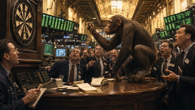 A surreal scene depicts a chimpanzee holding a dart at a stock exchange trading floor, aiming at a dartboard while shocked traders look on.