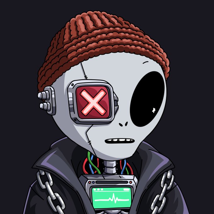 A digital illustration of a cyborg character with a large skull-like head, wearing an orange beanie, a jacket with chains, and featuring a red 'X' over one eye and a green screen on its chest.