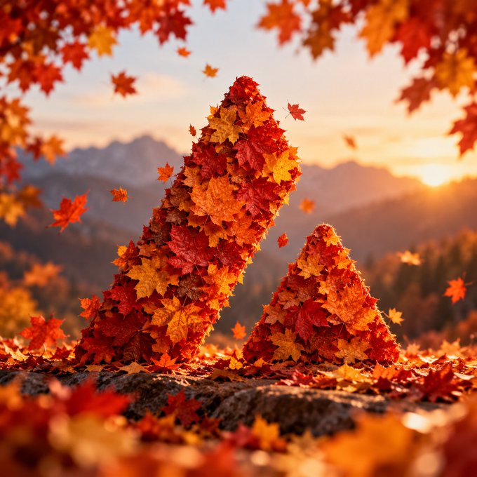 Two geometric structures—a tall slanted pillar and a smaller pyramid—stand on a forest floor, both completely covered in vibrant red, orange, and yellow autumn leaves with more leaves swirling around them against a misty mountain sunset. The crystalline, shard-like forms rising from the leaf-covered ground evoke the title "Avalanche Autumn," suggesting the sudden, cascading rush of seasonal color sweeping across the landscape.