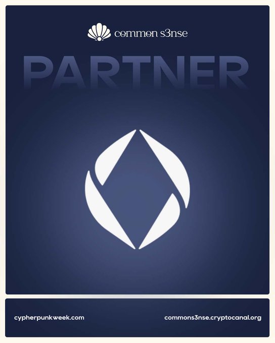 A promotional graphic showing 'commons3nse' and 'PARTNER' text above an Ethereum logo, with URLs 'cypherpunkweek.com' and 'commons3nse.cryptocanal.org' at the bottom.