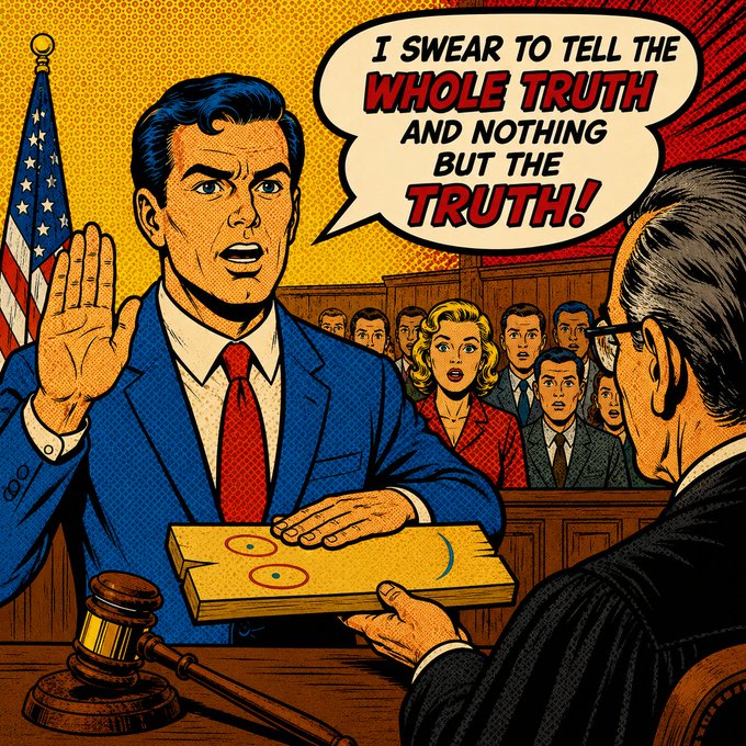 A vintage comic book-style illustration shows a man in a blue suit being sworn in at a witness stand, with his hand raised and other hand on a book. A speech bubble reads 'I SWEAR TO TELL THE WHOLE TRUTH AND NOTHING BUT THE TRUTH!'.