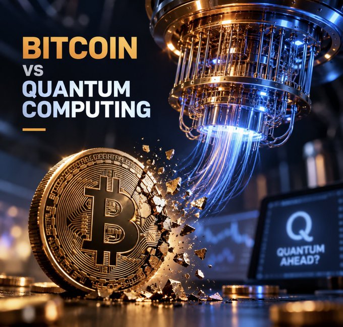 A futuristic 3D graphic illustrates the concept of 'BITCOIN vs QUANTUM COMPUTING', showing a physical Bitcoin token shattering near an advanced quantum processor and a screen displaying 'Q QUANTUM AHEAD'.