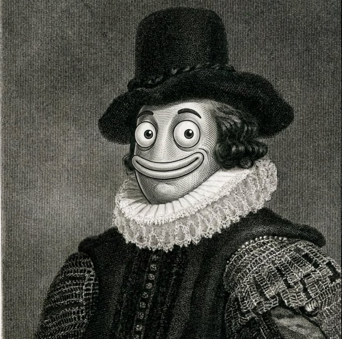 A black and white engraving of a man in a tall hat and ruffled collar, with a cartoonish face (wide eyes and a large smile) superimposed over his original portrait.