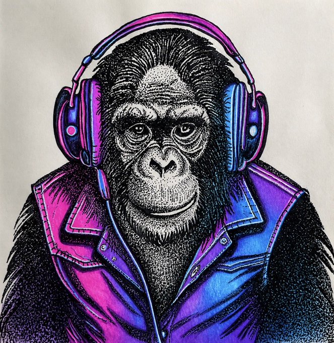 A stylized illustration depicts a gorilla wearing vibrant pink and purple headphones along with a matching denim vest, creating a striking contrast against the detailed black-and-white rendering of the ape. The artwork, shared as part of an NFT post linking to objkt.com, reflects a creative "QT Art" piece that blends urban fashion aesthetics with wildlife imagery.
