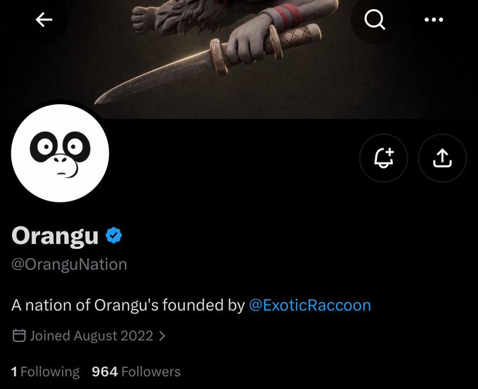 A Twitter/X profile for "Orangu" (@OranguNation) with a panda logo, reading "A nation of Orangu's founded by @ExoticRaccoon", joined August 2022, with 1 Following and 964 Followers.