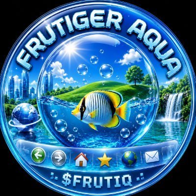 The image is a circular digital artwork titled "FRUTIGER AQUA" featuring a vibrant butterflyfish swimming in crystal-blue water surrounded by bubbles, lush greenery, and a waterfall, with app-like icons at the bottom and "$FRUTIQ" displayed below.

The visuals directly embody the nostalgic Frutiger Aero design movement described in the post, showcasing its signature glossy water effects and optimistic, futuristic aesthetic that the $FRUTIQ token on Solana is reviving.