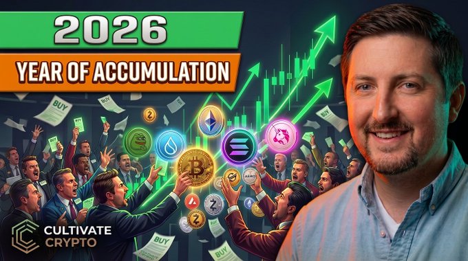 A YouTube thumbnail titled '2026 YEAR OF ACCUMULATION' by Cultivate Crypto, featuring a smiling man on the right, crowds celebrating with 'BUY' signs, and various cryptocurrency logos including Bitcoin and Ethereum.