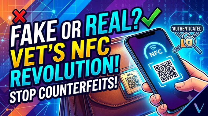 A vibrant YouTube thumbnail with bold text reading 'FAKE OR REAL? VET'S NFC REVOLUTION! STOP COUNTERFEITS!' featuring an NFC chip, QR code, and 'AUTHENTICATED' badge.