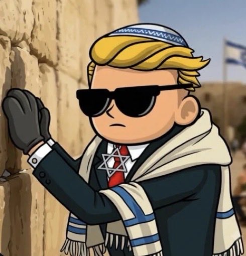 A cartoon illustration depicts a blonde, sunglass-wearing figure in a suit and prayer shawl leaning against a stone wall with an Israeli flag in the background.