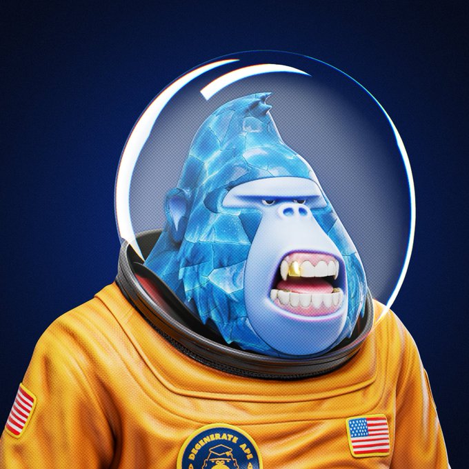 A 3D digital artwork of a blue crystal gorilla head in a space helmet, wearing an orange spacesuit with an American flag patch and a 'Degenarate Ape' badge.
