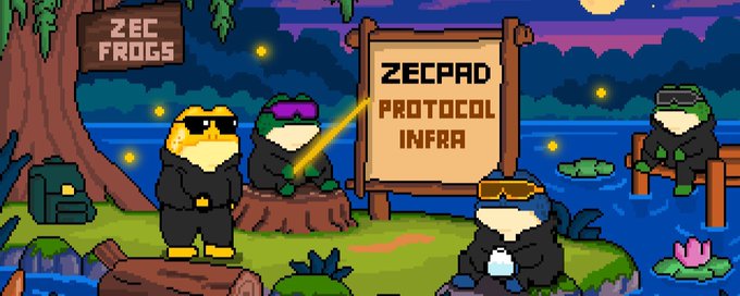 A pixel-art scene shows four cool sunglasses-wearing frogs hanging out near a pond, with one pointing a yellow beam at a wooden sign reading "ZECPAD PROTOCOL INFRA" while another sign in the background displays "ZEC FROGS." The image visually represents the ZecFrogs NFT community and their future ZecPad launchpad project on the Zcash blockchain, as mentioned in the accompanying post.