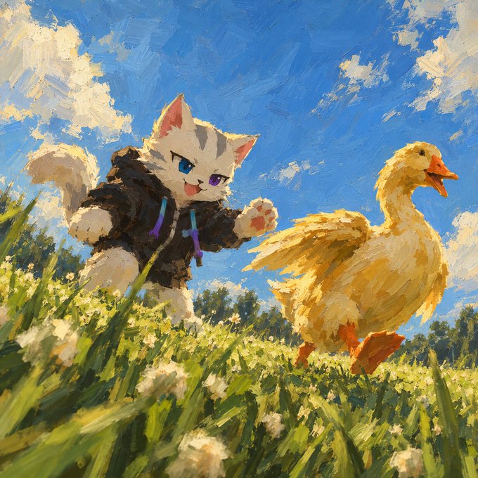 A chibi-style cat in a hoodie chases a fluffy yellow duck across a sunlit meadow rendered in impressionistic brushstrokes, playfully evoking the chaotic energy often likened to a "sleeping giant" about to awaken on the LaunchOnSF and Hypurr platforms.