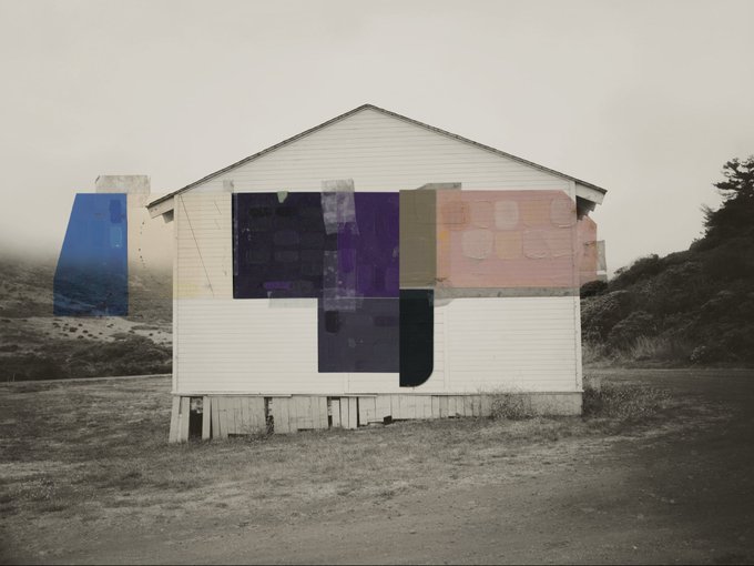 An artistic composition features a white wooden building overlaid with translucent color swatches in shades of blue, purple, pink, and yellow against a foggy landscape.