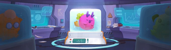 A pink Origins Axie sits in a futuristic incubator with a heart rate monitor, while other colorful Axies are preserved in stasis tanks on either side. The image relates to the post by highlighting Origins and MEO (Mystic Ether Eggs Origin) Axies as rare collectible creatures featured on the Axie Infinity marketplace.