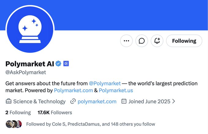 The image shows the X (Twitter) profile for "Polymarket AI" (@AskPolymarket), a verified account with 17.6K followers joined in June 2025, whose bio states it provides "answers about the future from @Polymarket—the world's largest prediction market." The profile appears to be a relaunch of an older bot account that previously responded to users about event probabilities, as referenced in the accompanying post.