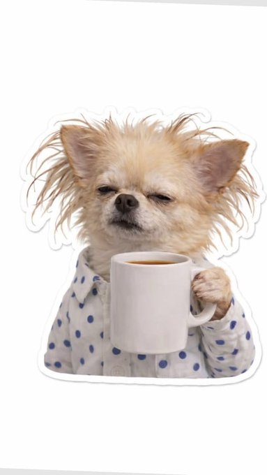 A humorous sticker-style image of a small fluffy dog with messy hair, wearing a polka dot shirt, and holding a white mug of coffee.