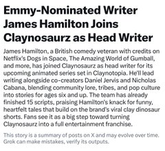 An article excerpt titled 'Emmy-Nominated Writer James Hamilton Joins Claynosaurus as Head Writer' discussing James Hamilton's role and background.