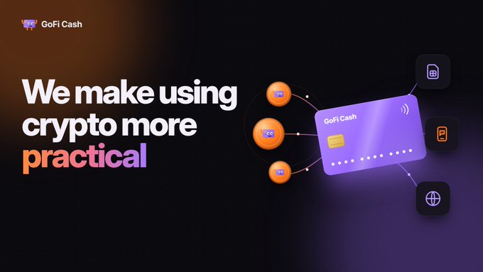 An advertisement for GoFi Cash with the tagline 'We make using crypto more practical', showing a purple GoFi Cash card surrounded by feature symbols.