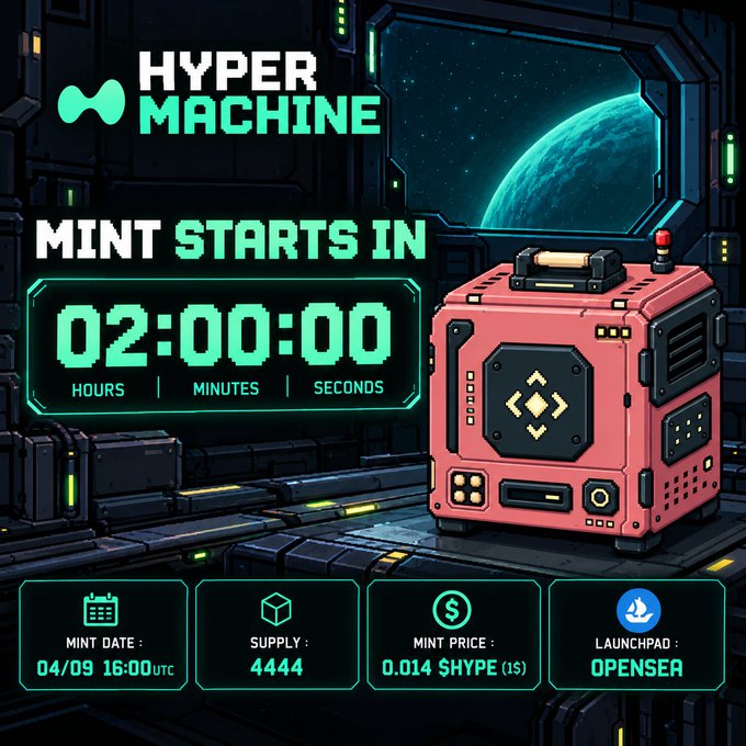 A 'Hyper Machine' promotional graphic showing a countdown of '02:00:00' until mint starts, with details including a mint date of 04/09 16:00 UTC, supply of 4444, mint price of 0.014 $HYPE, and launchpad OPENSEA.