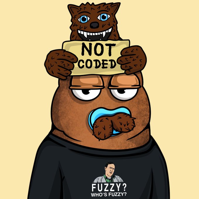 A cartoon features a brown character holding up a paper reading 'NOT CODED' while a werewolf sits on its head, with text below asking 'FUZZY? WHO'S FUZZY?'