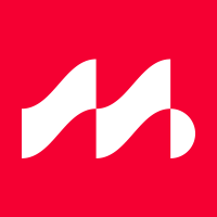 A logo featuring a stylized white letter 'M' composed of musical notes on a red background.
