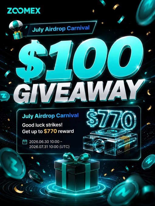 Promotional graphic for Zoomex's "July Airdrop Carnival" featuring a "$100 GIVEAWAY" headline and details about a "$770" reward opportunity running from 2026.06.30 to 2026.07.31, tied to the social media airdrop campaign requiring retweets, follows, and sign-ups to claim a $100 BTC Position Voucher.