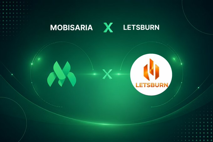 The image is a partnership announcement graphic featuring the Mobisaria and Letsburn logos side by side with a glowing green "X" between them, set against a dark teal background. The text "MOBISARIA X LETSBURN" is displayed at the top, visually representing the official collaboration mentioned in the post between these two Web3 projects.