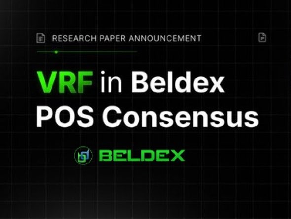 A research paper announcement graphic titled 'VRF in Beldex POS Consensus' with the Beldex logo on a dark grid background.