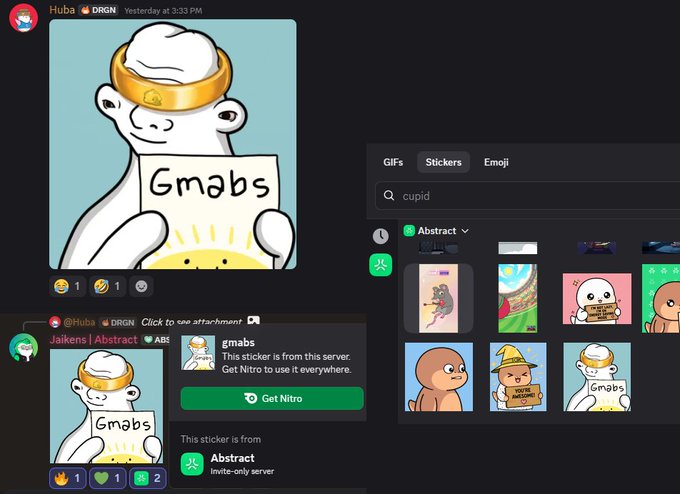 A Discord interface shows a server called Huba / DRGN where a user has shared a sticker named 'gmabs' depicting a monkey holding a sign, alongside a sticker selection menu.