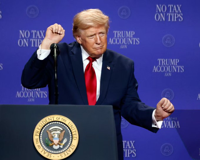 In the image, Donald Trump stands at a podium with the Seal of the President of the United States visible. The backdrop features text including "TRUMP ACCOUNTS GOV" and "NO TAX ON TIPS," which relates to the post's discussion of the Clarity Act potentially impacting his crypto holdings and taxes.