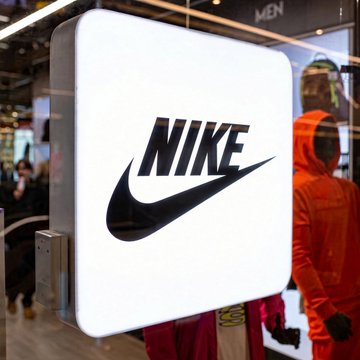 An illuminated Nike logo sign glows brightly in a retail storefront, displaying its iconic swoosh and "NIKE" wordmark in bold black lettering. The image accompanies news that Michael Saylor's Bitcoin-focused Strategy has surpassed Nike's market capitalization, symbolizing the shifting economic landscape from traditional sportswear giants to cryptocurrency-driven enterprises.