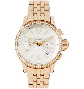 A rose gold luxury wristwatch with a diamond-encrusted bezel, white dial, and chronograph subdials is displayed against a white background. The image relates to the post as a visual example of the type of high-end timepiece the user is hoping to purchase, ideally from a trustworthy seller who accepts stablecoins.