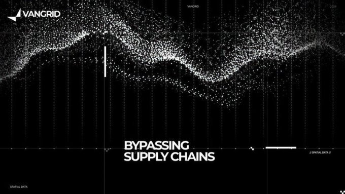 A dark, digital-themed graphic with the VANGRID logo in the top left, showing a wave of white particles over a grid with the text 'BYPASSING SUPPLY CHAINS'.