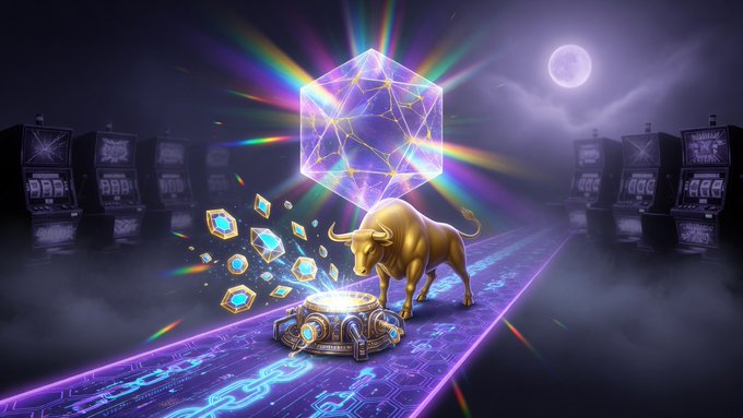 A digital illustration of a golden bull standing on a neon-lit circuit board pathway next to a glowing treasure chest, with a translucent geometric cube radiating rainbow light above it against a dark purple background with slot machines and a moon.
