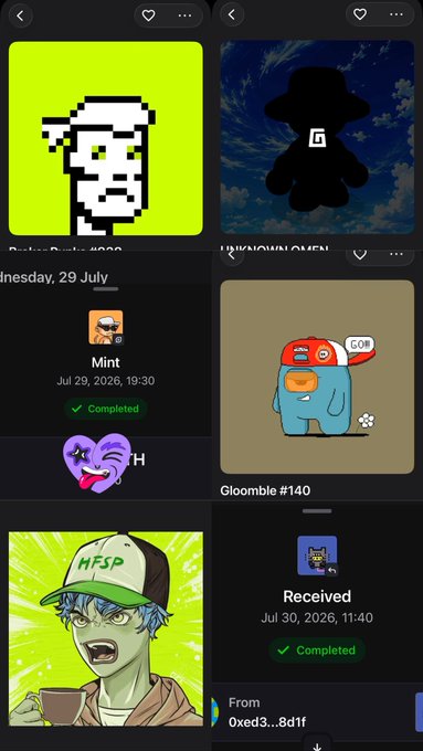 A mobile app screenshot showing a collection of digital collectibles including 'Mint' (Jul 29, 2026, Completed), 'Gloombie #140' as an Among Us character, and 'Received' items, with dates showing Wednesday, July 29 and July 30, 2026.