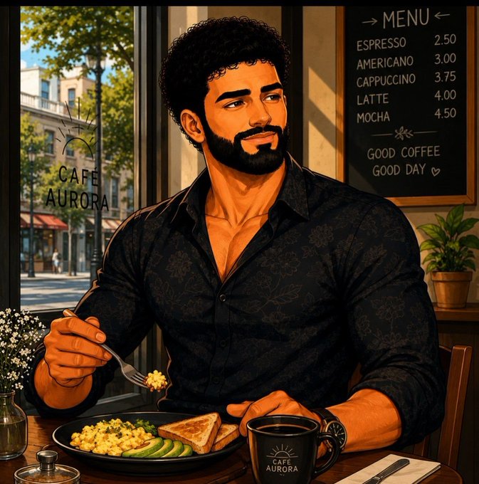 A man with dark curly hair and a beard enjoys a breakfast of scrambled eggs, avocado, and toast at Café Aurora, where the menu lists drinks like Espresso ($2.50), Americano ($3.00), Cappuccino ($3.75), Latte ($4.00), and Mocha ($4.50) — fitting the relaxed "good coffee, good day" vibe of a Wednesday morning greeting to the web3 community.