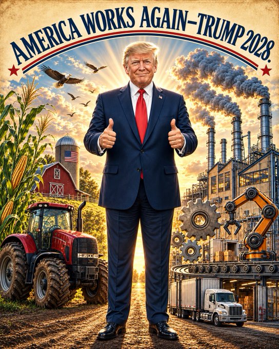 A political poster featuring Donald Trump in a blue suit giving two thumbs up, with 'AMERICA WORKS AGAIN - TRUMP 2028' text, surrounded by imagery of a red tractor, cornfields, factory smokestacks, eagles, and a delivery truck against a sunset background.