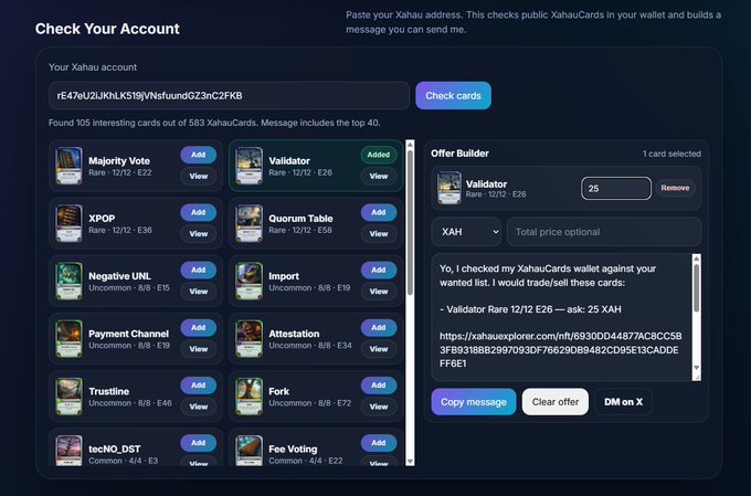 A screenshot of a "Check Your Account" interface for XahauCards displaying a user's wallet (address rE47mU2JRRkK51I9jVNsfuundGZ3ncZFXB) with 105 matching cards out of 583, featuring notable cards like "Validator Rare 12/12 · E26" and "Majority Vote" in an Offer Builder panel set at 25 XAH, demonstrating how users can draft and send trade offers via X.