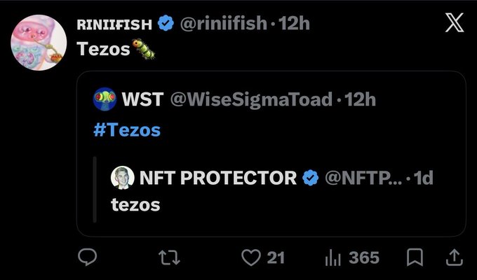 A screenshot of an X (Twitter) post from RINIIFISH @riniifish commenting 'Tezos 🐛' in response to WST @WiseSigmaToad's '#Tezos' tweet.