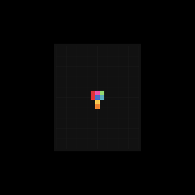 A minimalist digital illustration featuring a cluster of small, colorful rectangular blocks (red, blue, pink, green, yellow, orange) arranged in the center of a dark grid background.